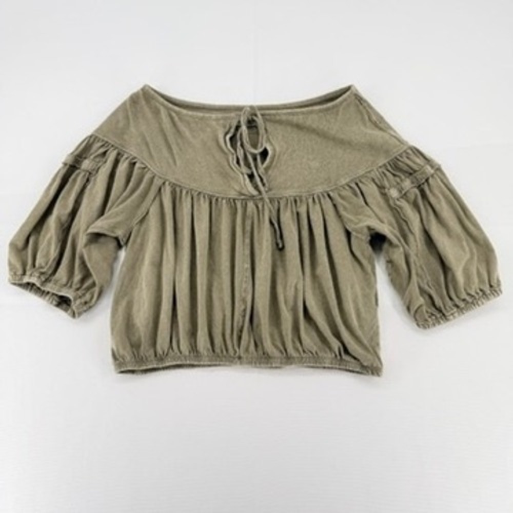 We The Free Boho Peasant Top Tie Neck Olive Green Cotton M